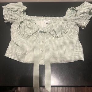 Stylish Light Green Gingham crop top with tie front